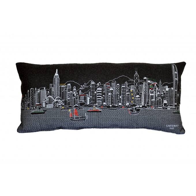 35" Black Hong Kong Nighttime Skyline Lumbar Decorative Pillow Bed